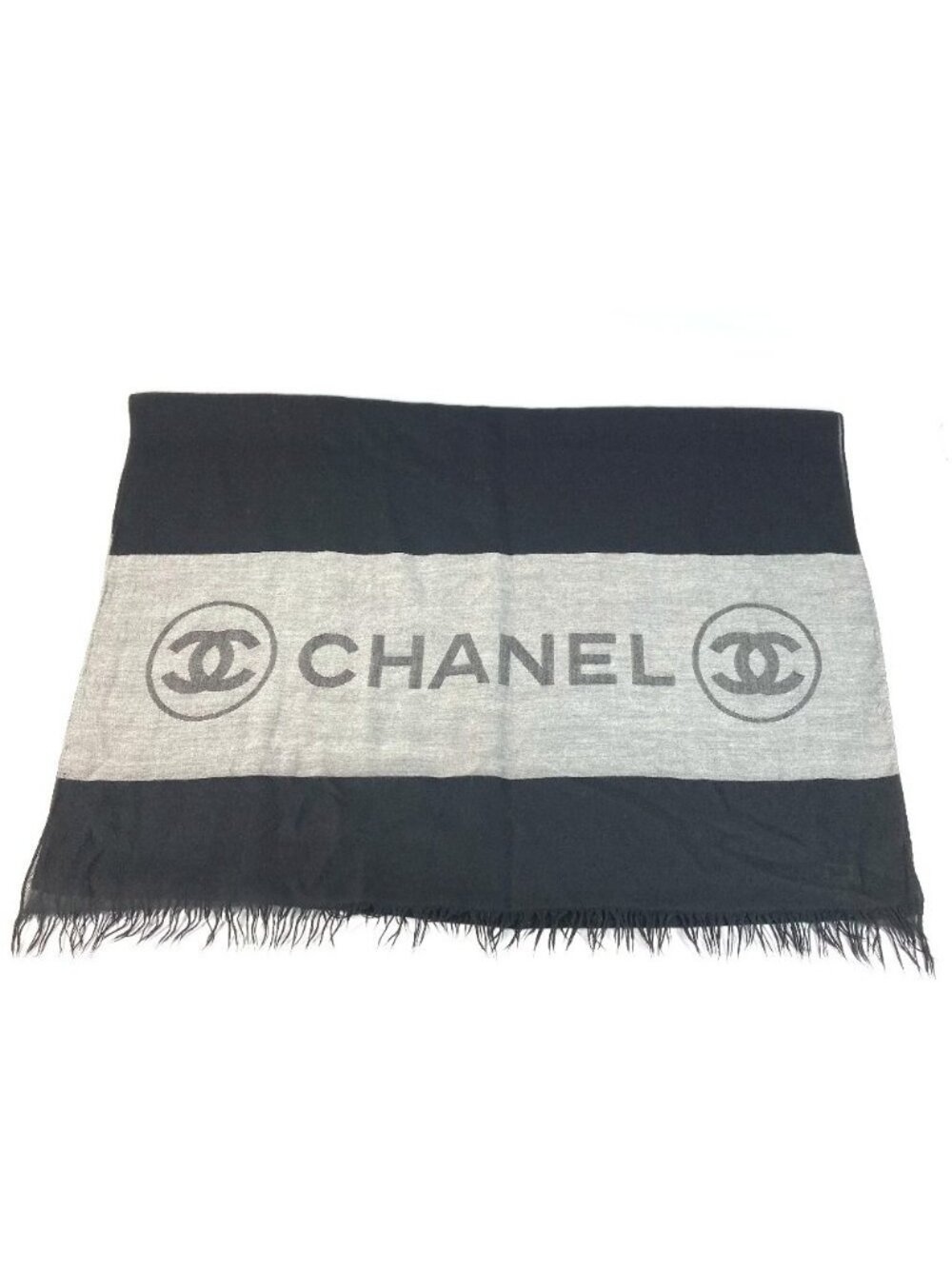 Chanel Shawl Logo Fringe Cashmere Black Scarf